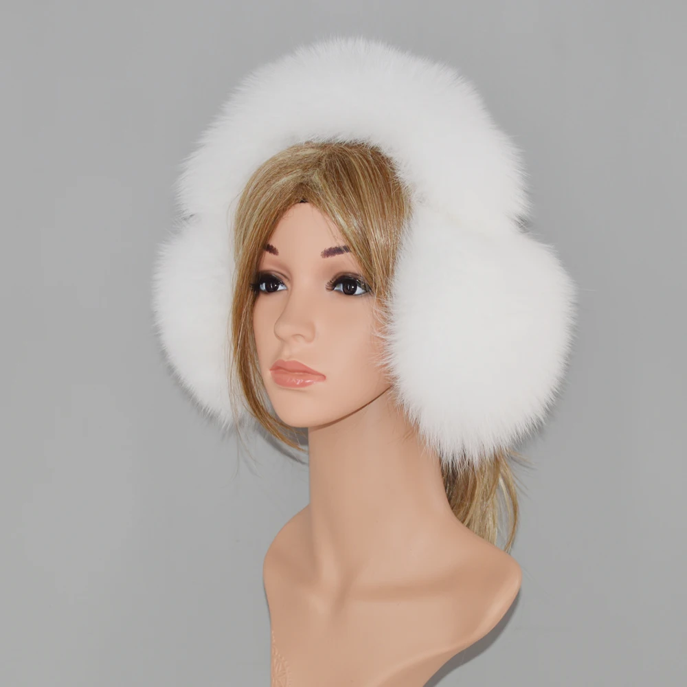 New Style Women Natural Real Fox Fur Earmuffs Plush Winter Warm Big Fox Fur Ear Muffs Girls Luxury Fox Fur Earmuff