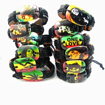 

Wholesale 12pcs Bob Marley rasta men's women's Unisex mixed designs pu leather adjustable size wristbands cuff bracelets male
