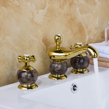 

Torayvino Workmanship Basin Faucet Golden Finish Ceramic Deck Mounted Dual Handle Hot Cold Water Mixer Eminent Basin Faucet