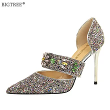 Women high heels Bling sequined cloth Sandals poninted toe 10CM thin heel crystal flower Glitter pumps Dance club Sexy shoes Women high heels Bling sequined cloth Sandals poninted toe 10CM thin heel crystal flower Glitter pumps Dance club Sexy shoes