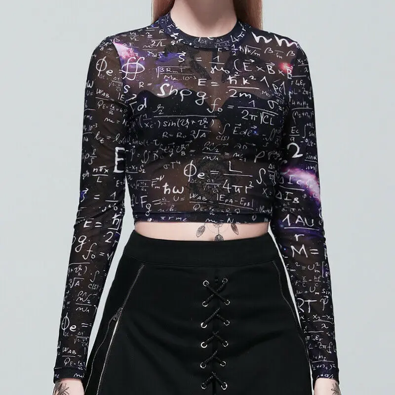 

New Women Sexy Harajuku Mesh Tops Net See Through T Shirt Transparent Math Print Basic Fashion Top Camisas Femininas Clubwear