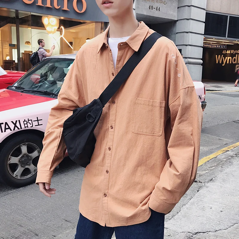 khaki verano coreano juvenil suelta, повседневная, algodón bordado, цветная, sólido letra solapa, camisa de manga larga hombre, M-2XL - Цвет: khaki