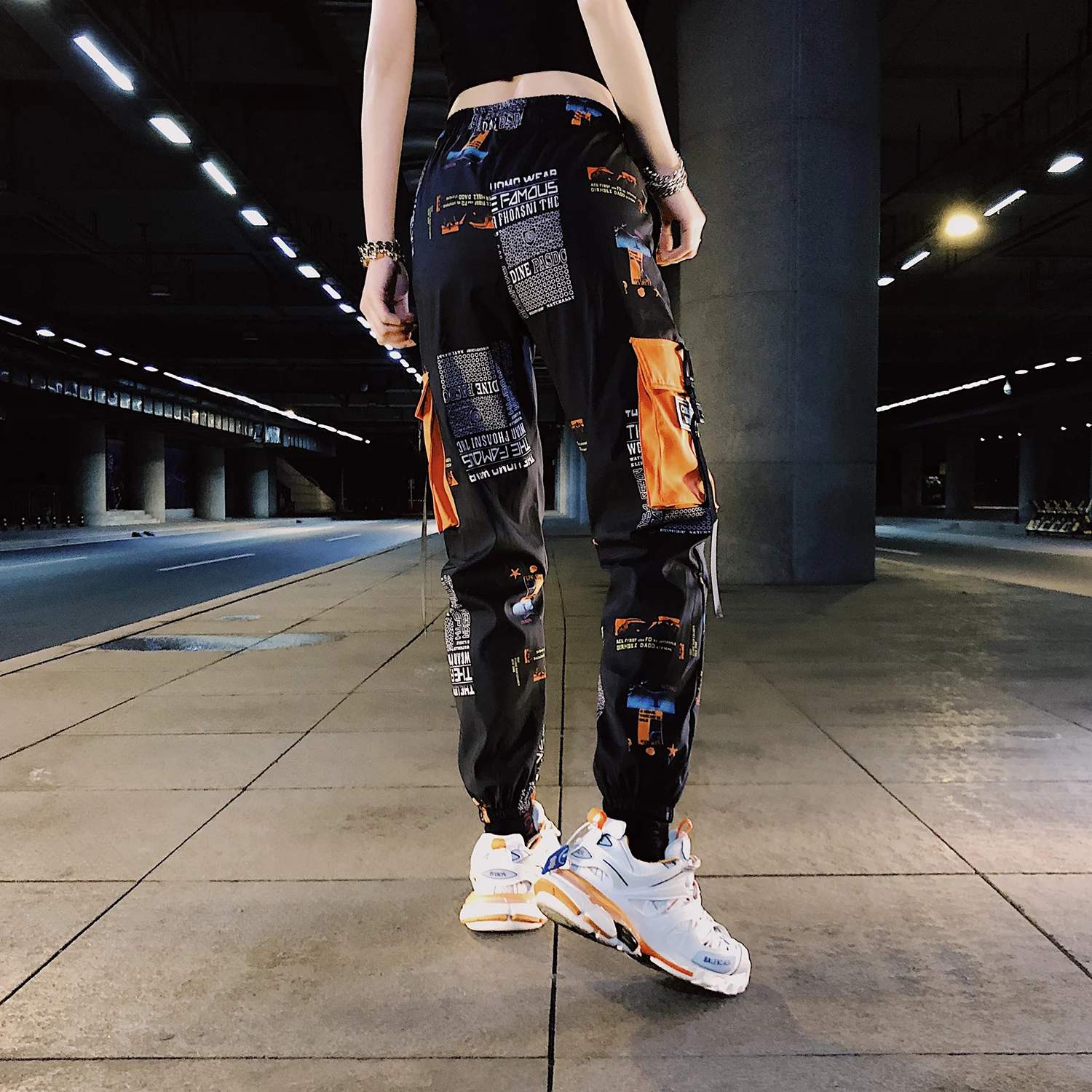 Fashion Women Harem Pants Cargo Pants Loose Printed Letters Hip Hop pants Female Side Pocket Patchwork Pants Summer Casual Pants