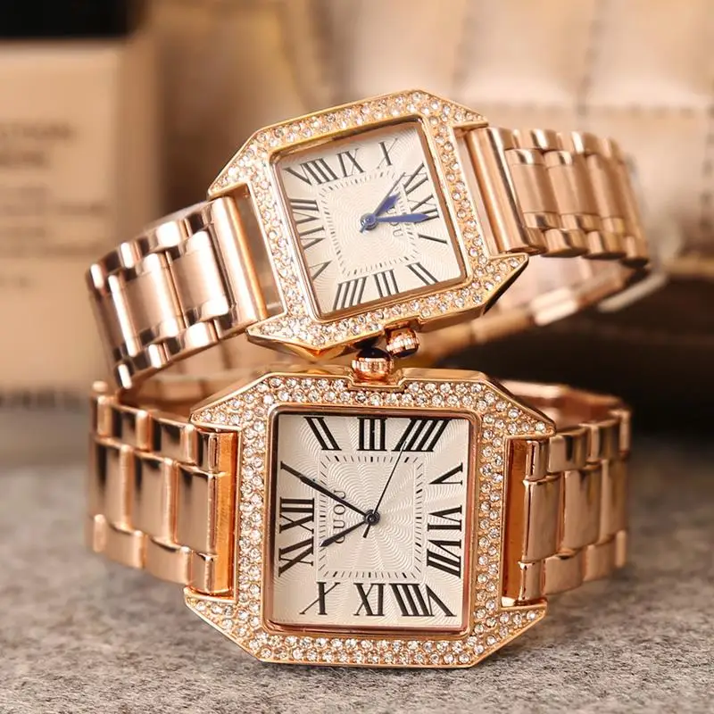 HK Famous Brand Fashion Square Luxury Full Gold Steel Diamond Shell lovers watches Mens Woman Lovers