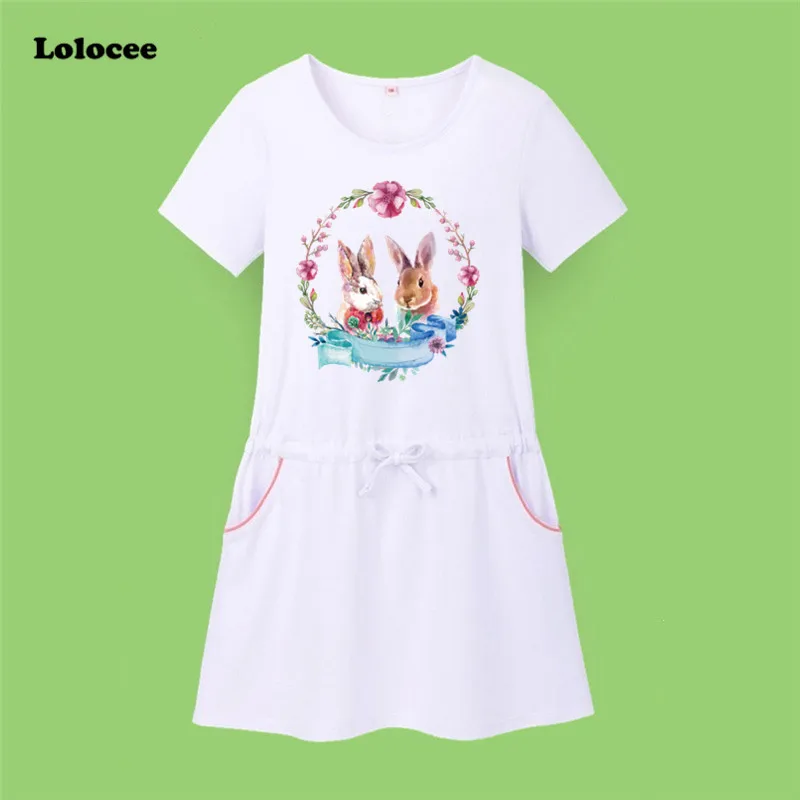 

2018 Baby Girls Dress Kawaii Princess Flower Rabbit Summer Dress Cotton Sport T Shirt Dresses School Clothes