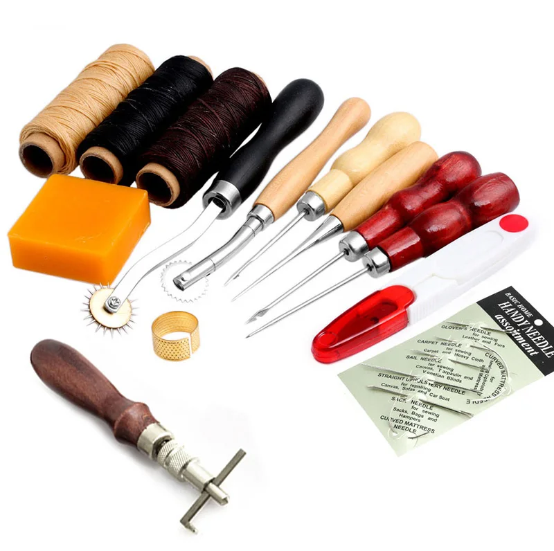 

14Pcs Set Leather Craft Hand Stitching Sewing Tool Thread Awl Waxed Thimble Kit