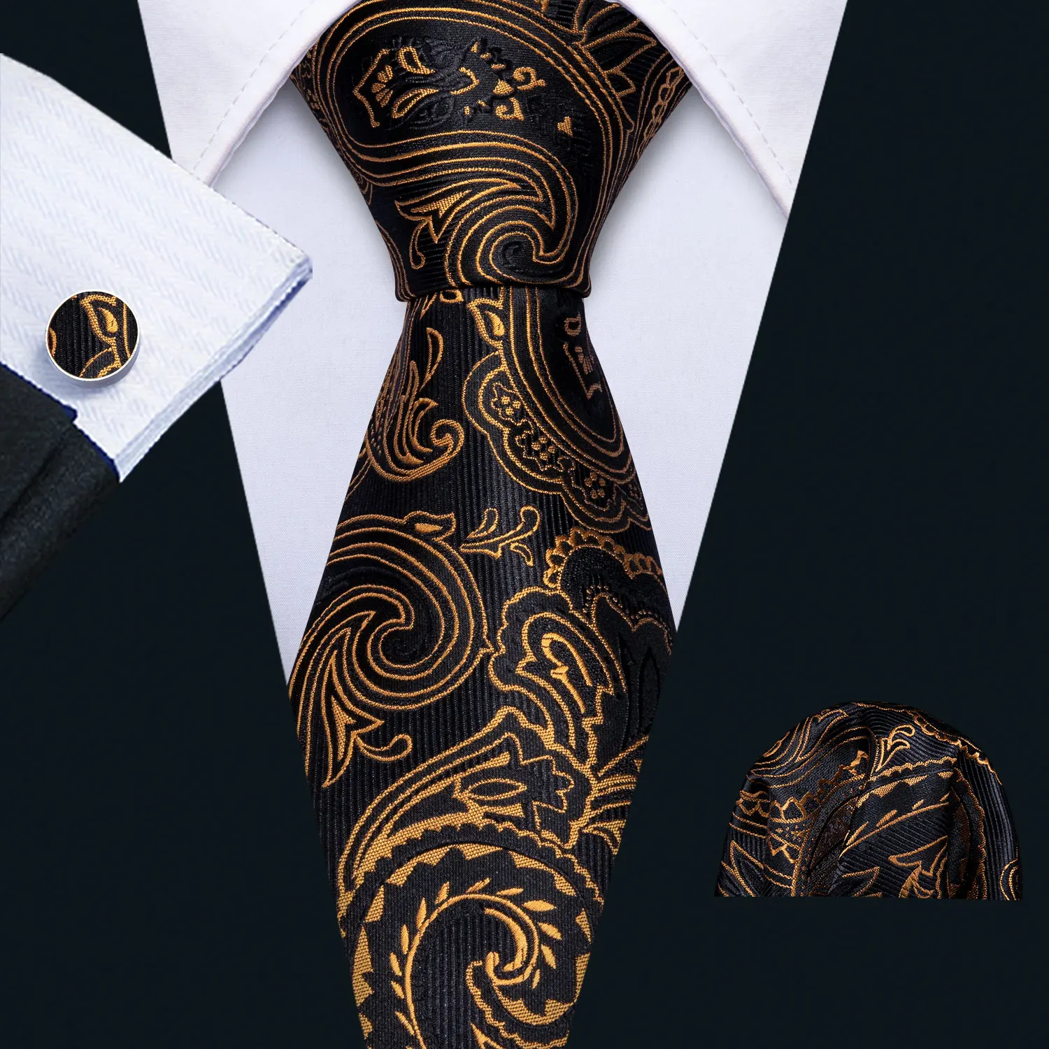 

2019 Mens Wedding Tie Gold Paisley Silk Tie Set Barry.Wang 3.4" Jacquard Party Woven Fashion Designers Necktie For Men FA-5135