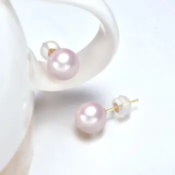 Gold Stud Earrings with 6-9 mm White Japanese Pearl 3