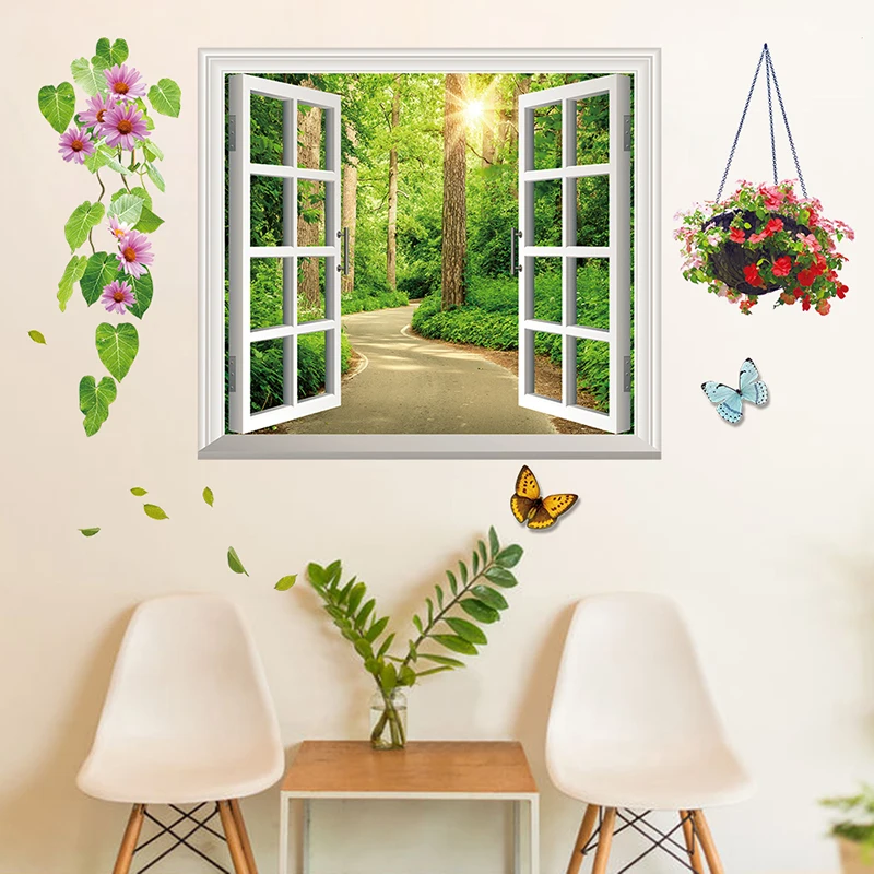 

[shijuekongjian] 3D Fake Window Scenery Wall Sticker Forest Tree Flower Landscape Muurstickers for Living Room Decoration