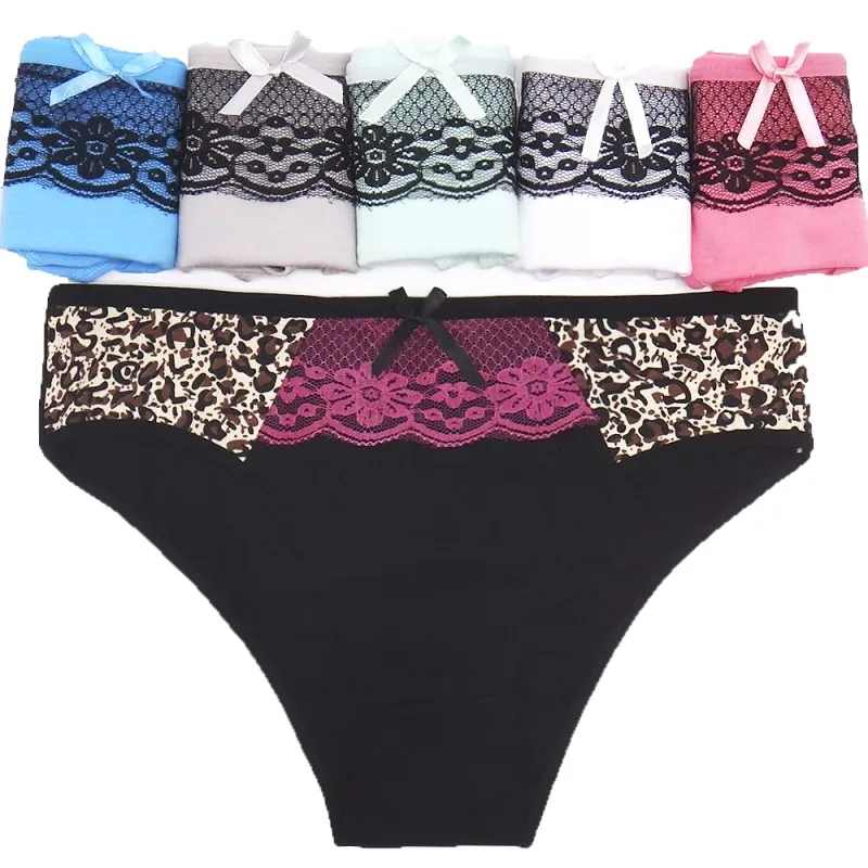 Sexy Leopard Panties Low Waist Bow Lace Patchwork Briefs Underwear