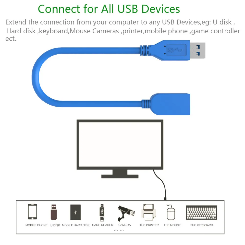 Синий цвет 0,3 м супер скорость USB3.0 удлинитель, a-штекер к a-гнезду удлинитель Кабель для передачи данных для U диск беспроводной Lan принтер