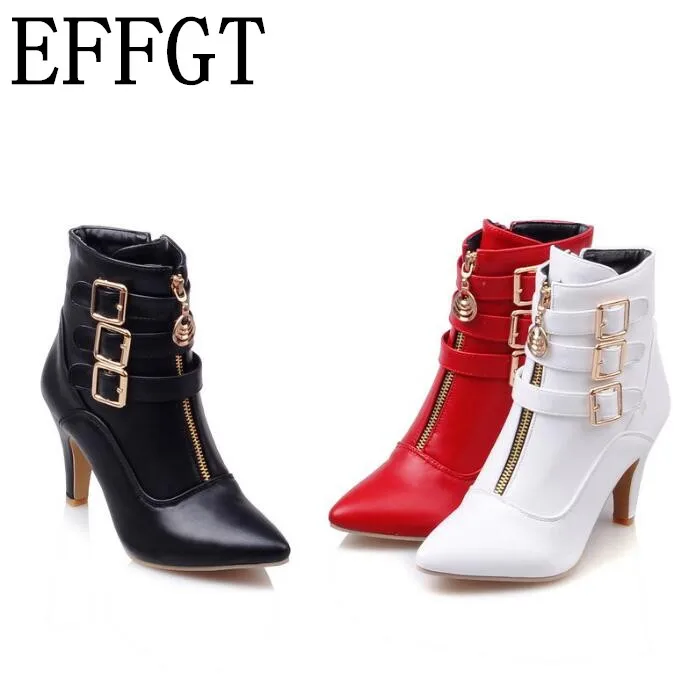 

EFFGT 2019 Shoes Women Boots Spring High Heels Ankle Boots Pointed Toe Buckle Martin Boots Zip Ladies Shoes Black Red Pumps