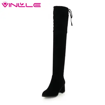 

VINLLE 2020 Shoes Women Over The Knee Boots Sweet Style Square Med Heel Lace Up Solid Platform Ladies Motorcycle Shoe Size 34-43