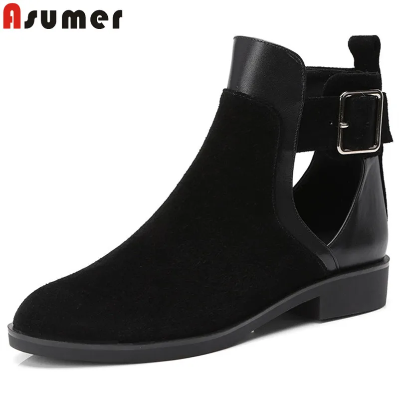 ASUMER black fashion ladies prom shoes woman round toe ankle boots women suede leather boots buckle low heels shoes casual