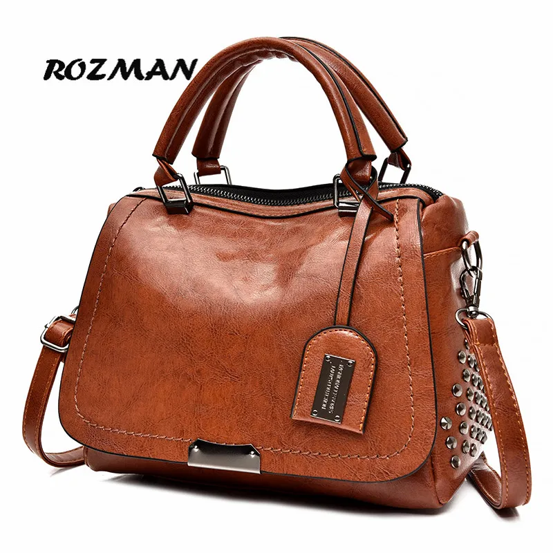 

Famous Brand Oil Wax Leather Rivet Boston Bag Crossbody Bags for Women 2019 Tote Shouler Bag Luxury Handbags Women Bags Designer