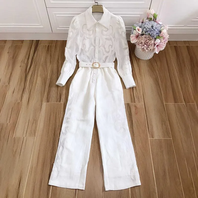 Runway Suit Women's Flare Sleeve Bow Collar embroidery Two Piece Set Top And Pants 2 Piece Set Women Blouses Casual Pants (3)