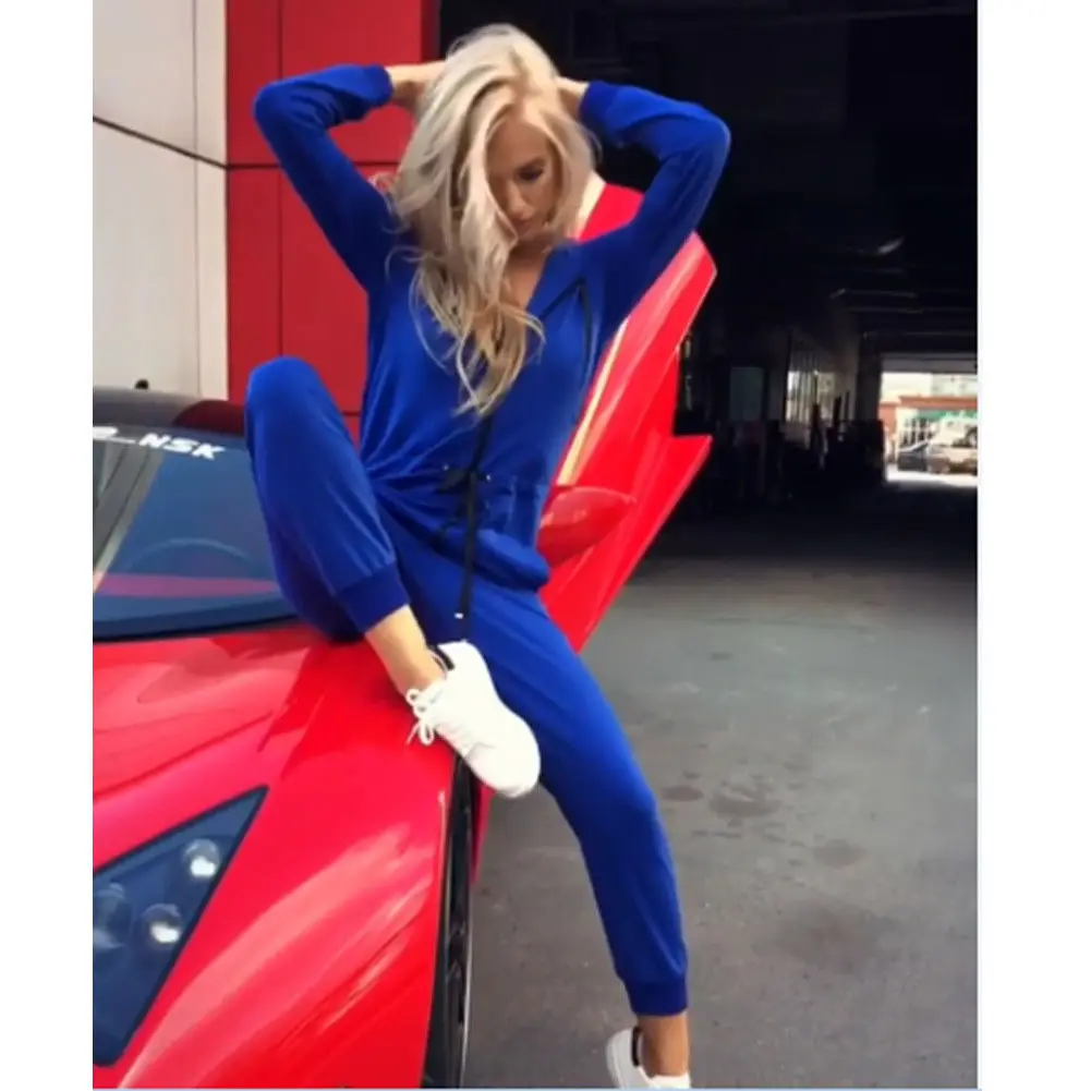 Модный женский сексуальный комбинезон с длинным рукавом комбинезон с завышенной талией толстовки уличная одежда комбинезон длинные брюки - Цвет: Синий