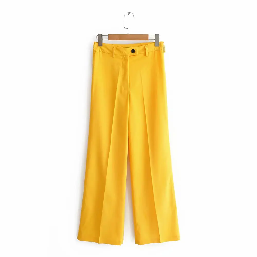 Женские желтые широкие брюки с карманами на молнии, дизайнерская одежда для офиса, длинные женские брюки, повседневные длинные штаны