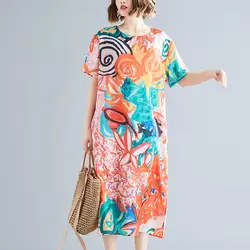 Johnature 2019 Новый Повседневное Цветочный принт Летняя женская одежда свободные платья с круглым вырезом короткий рукав разрезы платья в стиле