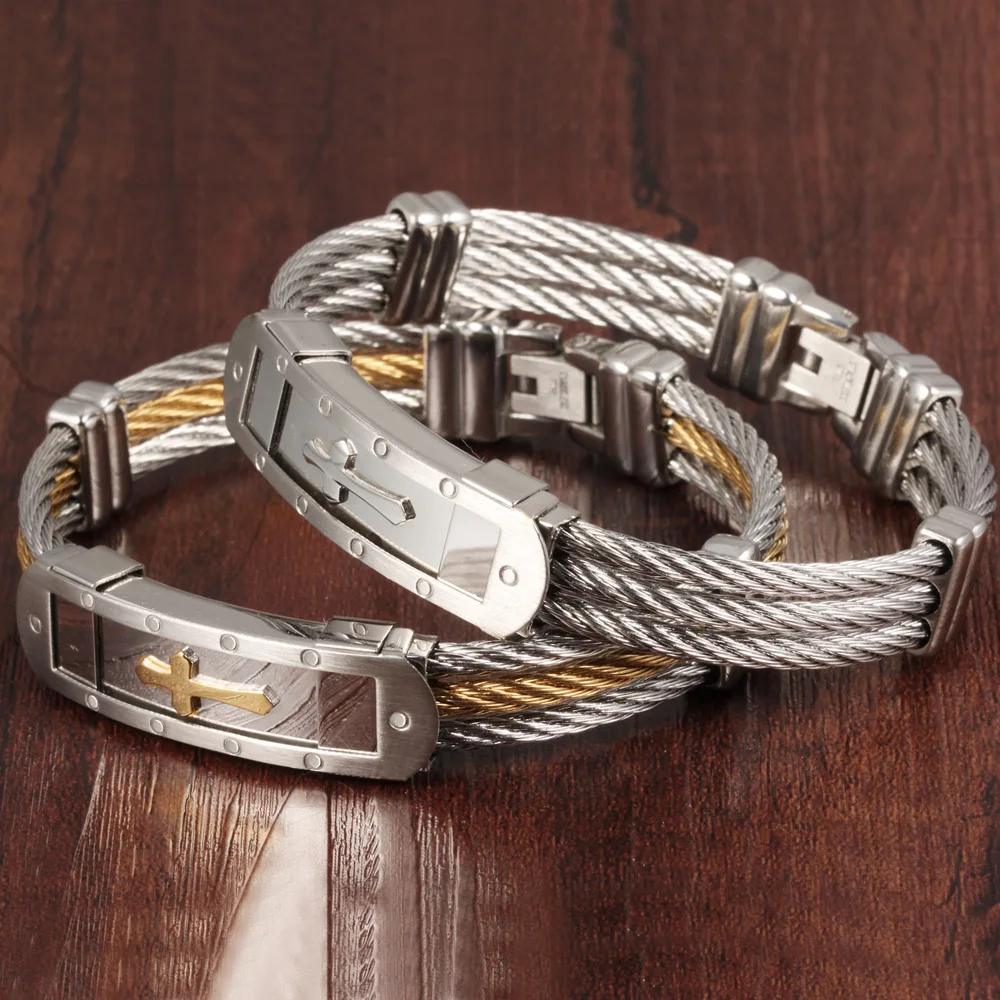 Модный мужской браслет из нержавеющей стали, панк, тяжелый металл, золото, серебро, цвет, крест, браслеты и браслеты для мужчин, ювелирные аксессуары