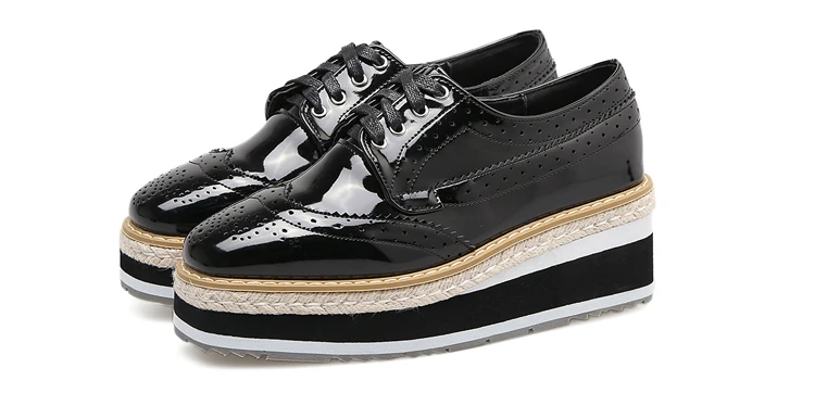 Women Platform Oxfords Brogue Flats Shoes Patent Leather Lace Up Square Toe Brand Female Footwear Shoes For Women Creepers Black (20)