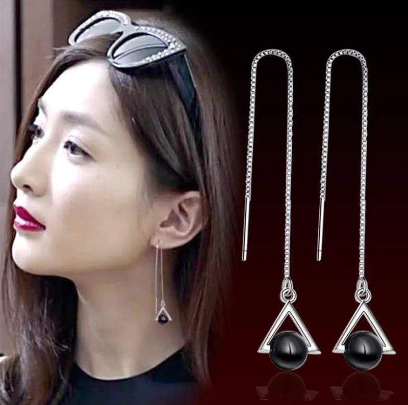 925 Sterling Silver Earrings for Women New Design Fashion Jewerly Triangle Black Bead 3Y213 | Украшения и аксессуары