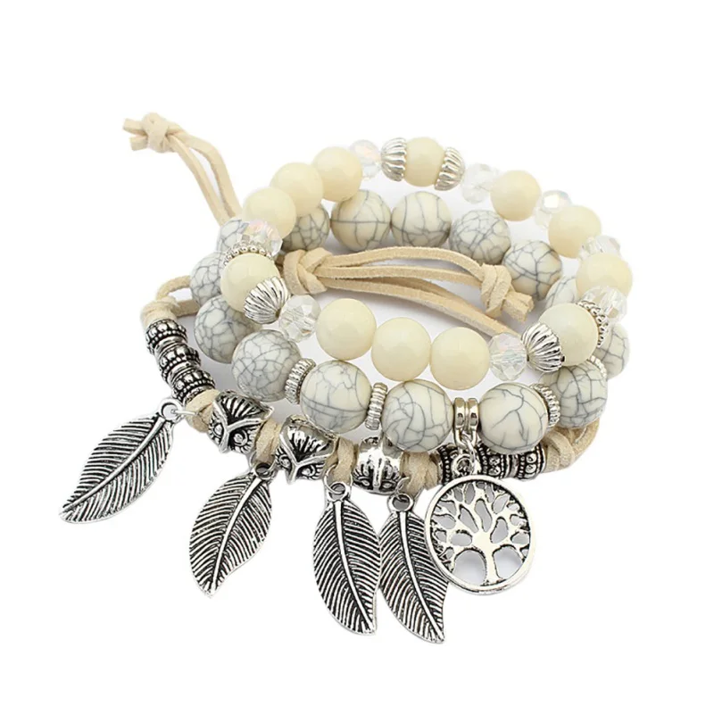 

Candy Color Leaf Hollow Round Pendant Bracelet 3 Pcs Bohemian Charm Glass Beaded Bracelet Handwork Weaving Trendy Bracelet