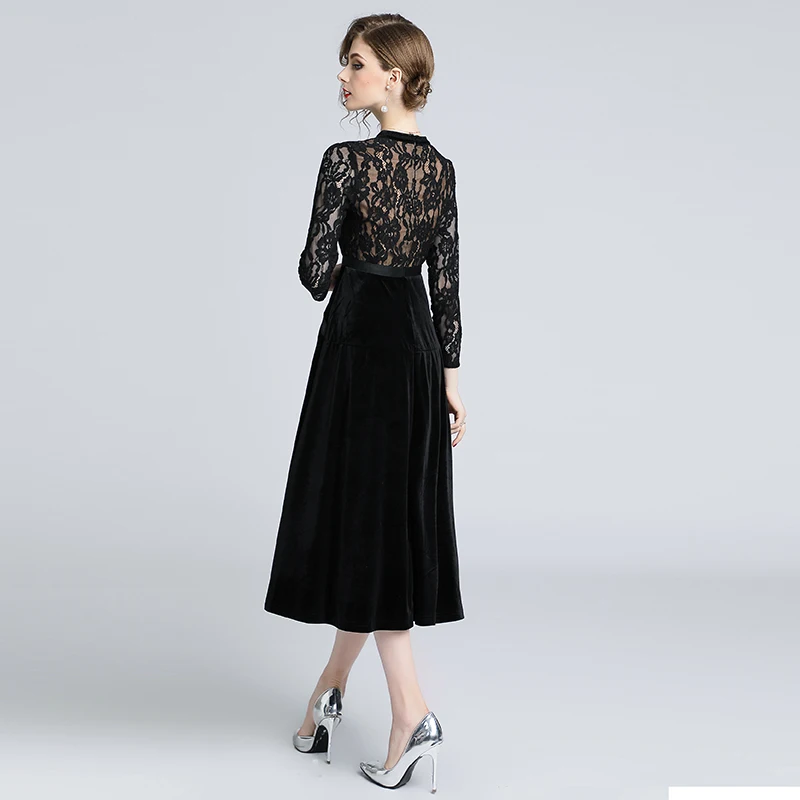 Зимние выдолбленные чёрный кружевной бархатный платье Vestidos Mujer 2021 для женщин с