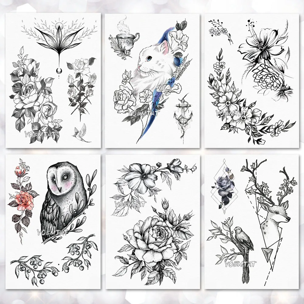 القطط الورود الزهور نمط الخط الأوشام المؤقتة الوشم ملصقات للماء المرأة وهمية اليد الكبار رجال هيئة الفن