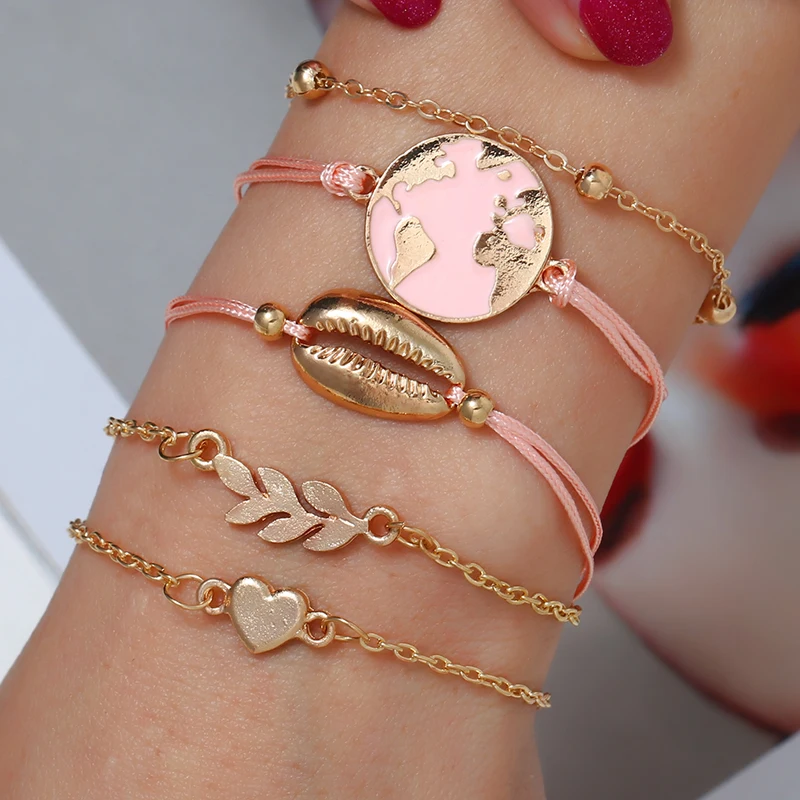 

Korean Trend Alloy Peach Heart Multi-layer Small Fresh Beach Wind Chain Love Bracelet Pink Rope Women Bracelets For Travel