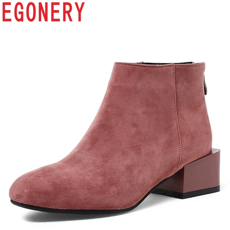 

EGONERY 2018 newest high quality kid suede square toe zipper med square heel concise casual outside three colors ankle boots