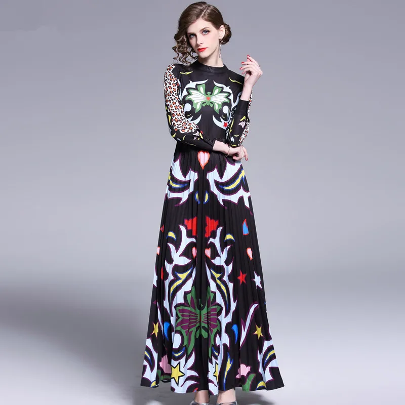 Подиумное дизайнерское леопардовое абстрактное Платье с принтом, плиссированное Макси платье с длинным рукавом, высокая талия, стоячий воротник, повседневное длинное платье для женщин