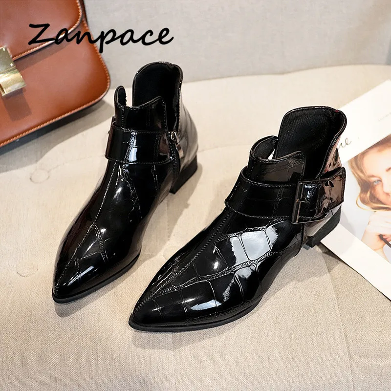 Zanpace 2019  Women Boots Retro Leather Women Shoes Spring Low Heel Shiny Boots Pointed Toe Ankle Boots Women Zapatos De Mujer