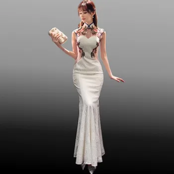 

2019 New Traditional Chinese Modern Cheongsam White Lace Embroidery Qipao Wedding Dress Women Qi Pao Oriental Style Dresses Sexy