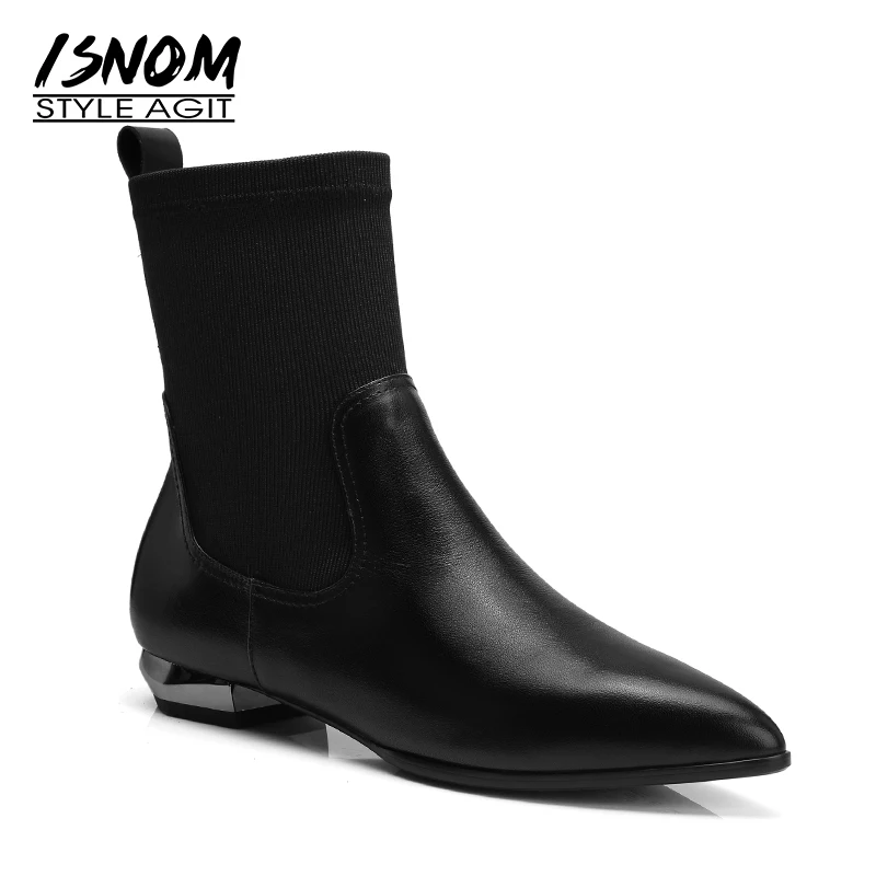 

ISNOM Genuine Leather Women Ankle Sock Boots Stretch Boot Pointed Toe Fashion Insert Feminine Shoes Rubber Thick Heels Footwear