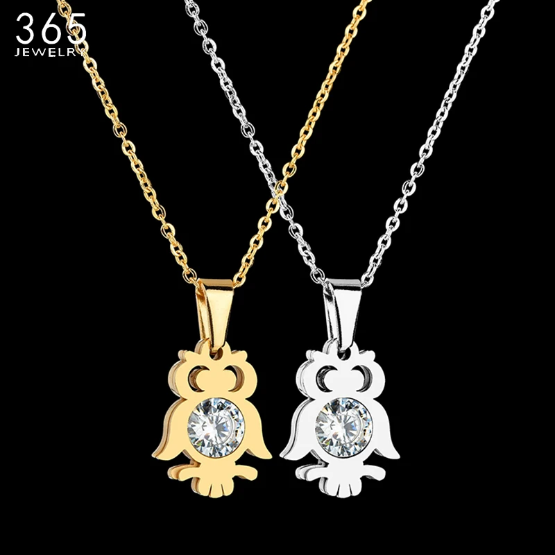 

2018 Trendy Infinity Gold Color Small Owl For Women Stainless Steel CZ Stone Pendant Necklace Drop Shipping