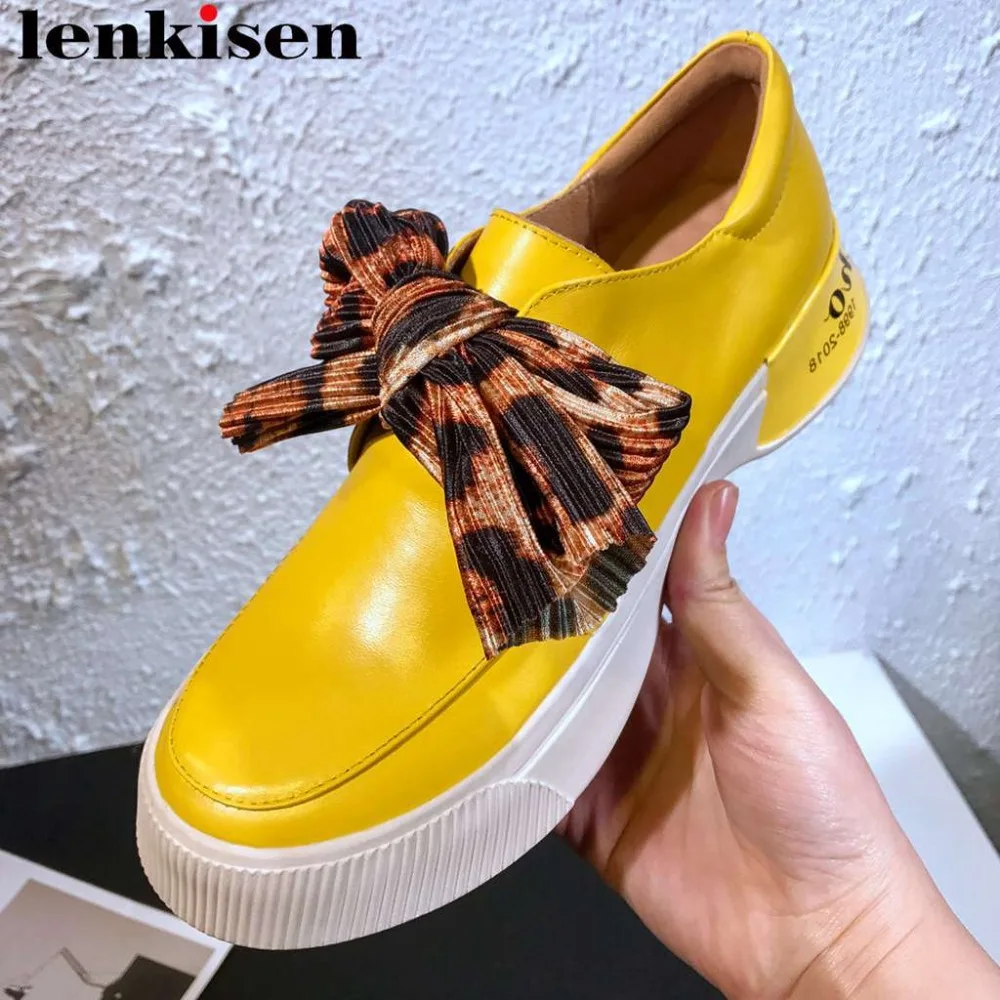 

Lenkisen genuine leather leopard butterfly-knot decoration thick bottom flat platform round toe loafers vulcanized shoes L12
