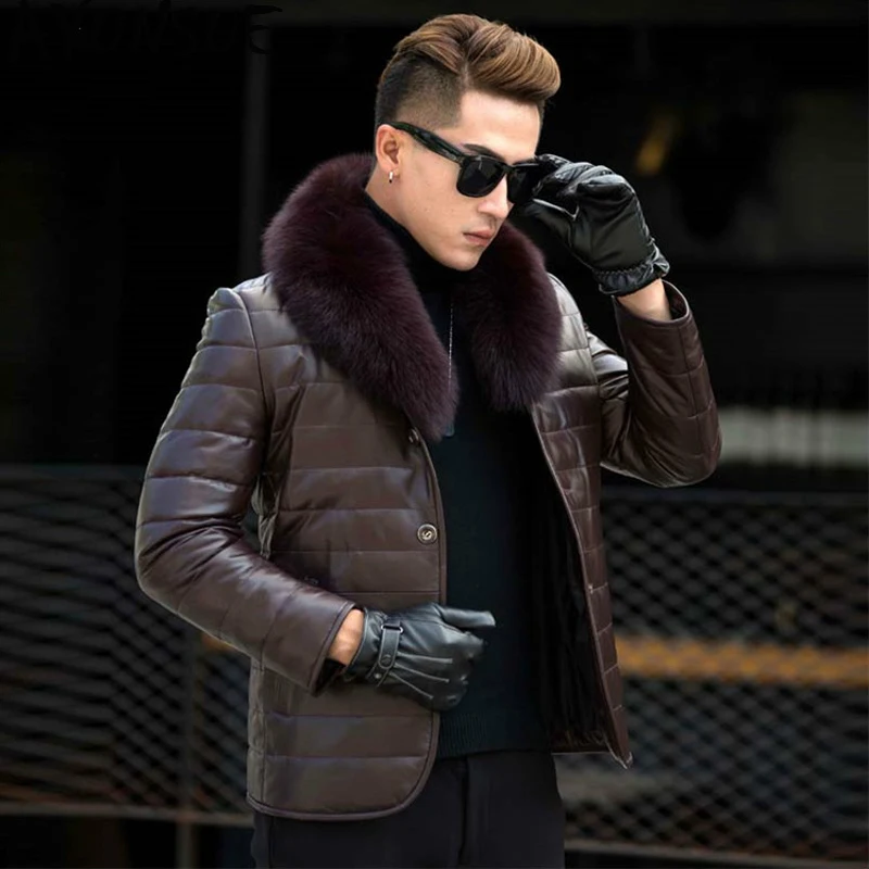 

AYUNSUE Genuine Leather Jacket Men Fox Fur Collar Men's Winter Down Jackets Korean Slim Coat Man Jaqueta Couro Masculina KJ650