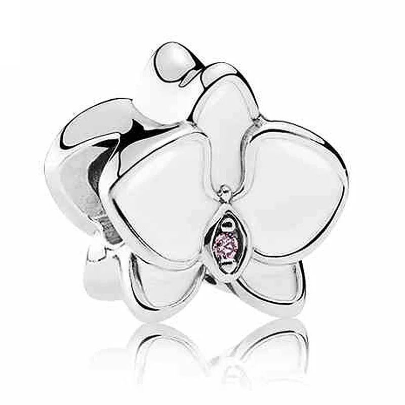 

Authentic 925 Sterling Silver Bead White & Red Enamel Orchid Flower With Crystal Charm Fit Pandora Bracelet Bangle DIY Jewelry