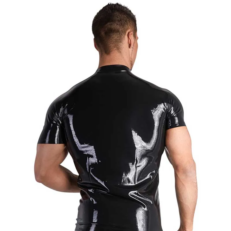 Sexy Gothic Short Sleeve Unisex T-shirt Adult Black Wetlook Faux Leather Shirt Shiny Vinyl PVC Undershirt Clubwear Stage Costume (3)