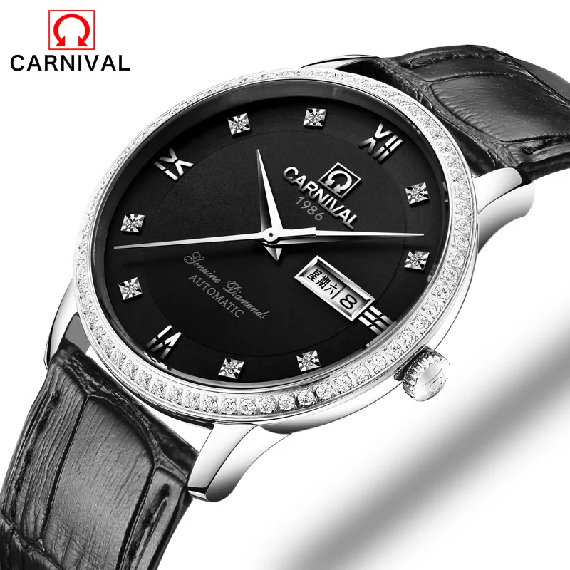

Carnival Black Watch Men Automatic Mechanical Watches Mens Luxury Brand 2016 Famous Leather Wristwatch Clock Men Relogio Masculi