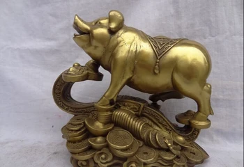 

fast shipping USPS to USA S1287 9" Chinese Year Zodiac Pure Brass Welath Cai Fu YuanBao Coin Pig On RuYi Statue