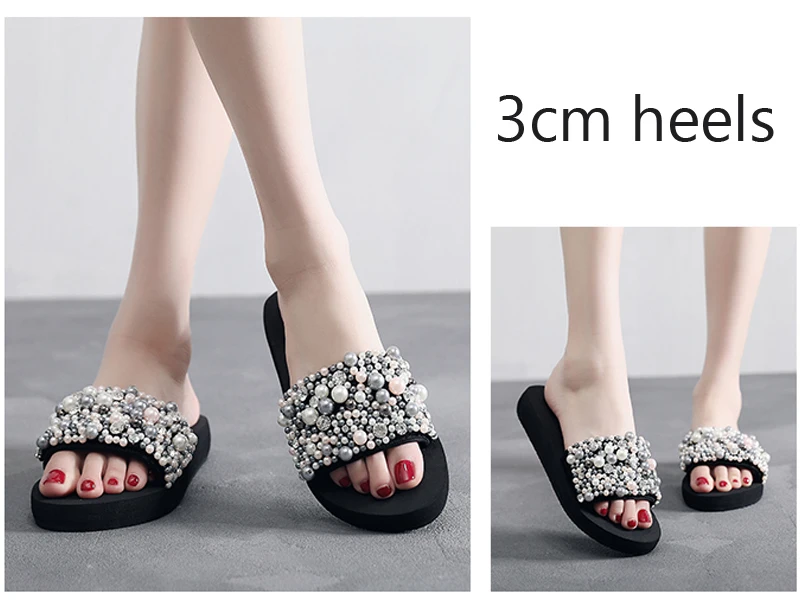 SHUJIN Pearls Slides Women Sandals Heel Slippers Torridity Sandal Shoes Handmade Bohemia Crystal Female Outdoor Shoes Slippers