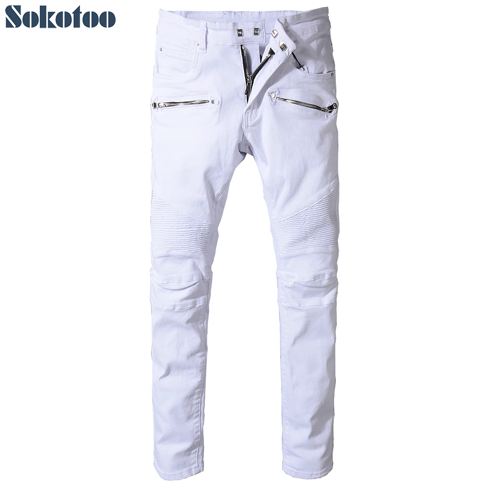 Sokotoo Men's slim fit straight white biker jeans for motorcycle Plus