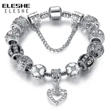 ELESHE Fashion Silver Heart Charms Bracelet Bangle for Women DIY 925 Crystal Beads Fit Original Bracelets
