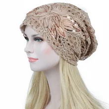 Модная женская кружевная шапочка шляпа весна осень дышащая Chemo slouzy Лыжная Шапочка тюрбан с цветком