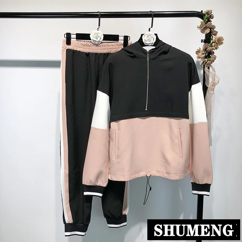 

New Spring and Autumn Women's Hit Color Loose Hoodies Shirt with Hood + Leisure Trousers Two-piece Female Students Sport Suit