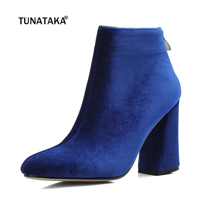

Women Comfort Velvet Hoof Heel Ankle Boots Fashion Zipper Pointed Toe Fall Winter Bootis Black Blue Red
