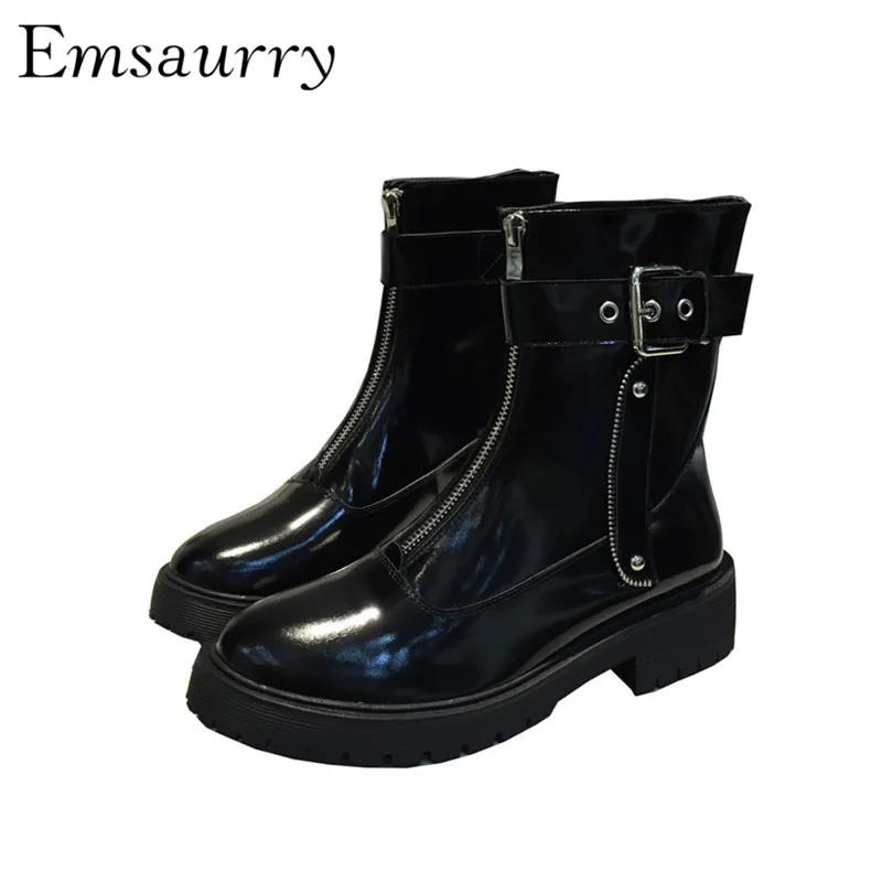 

Top Quality Genuine Leather Martin Boots Square Heel Round Toe Front Zip Studded Buckle Motorcycle Boots Ankle Boots Women