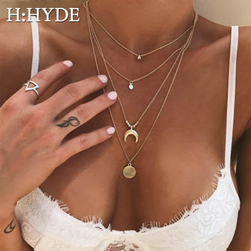 

H:HYDE 26 Style Boho Necklaces for Women Vintage Gold Silver Chain Long Moon Statement Necklace Pendant Bohemian Choker Jewelry